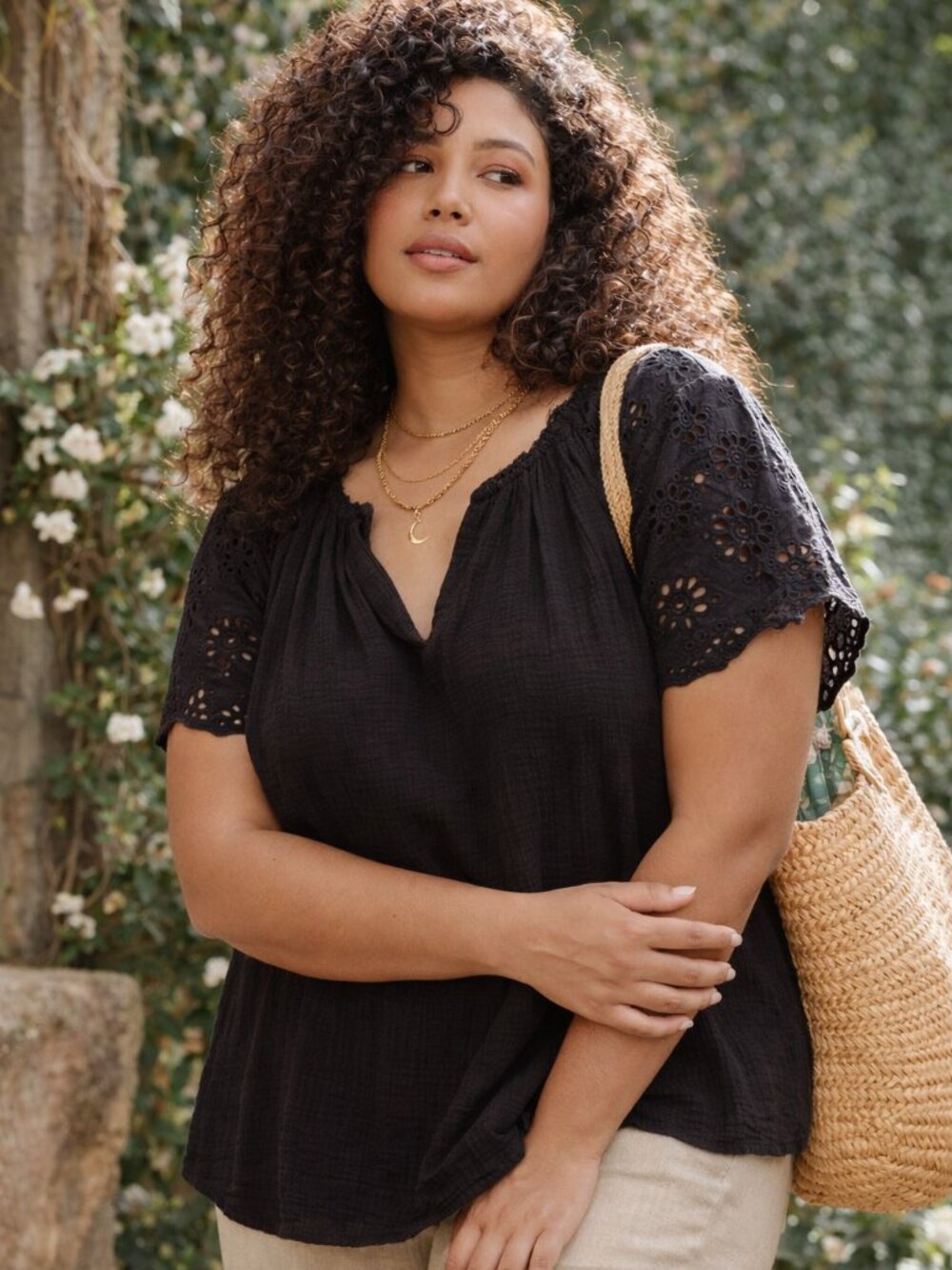 Philosophy Eyelet Sleeve Gauze Blouse | Black Boho Cottagecore Top Plus 1X/XL